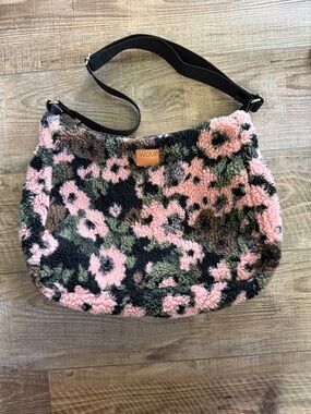 WOUF brand Pink Floral Sherpa Shoulder Bag with Black Adjustable Strap